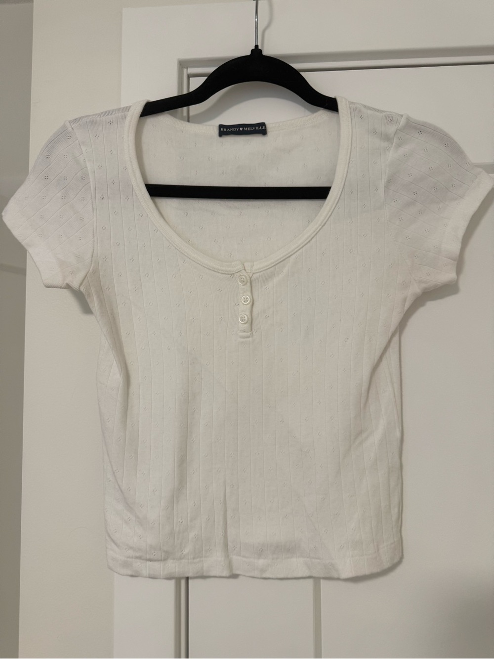 Brandy Melville White Short Sleeve Scoop Button Ribbed Tee
